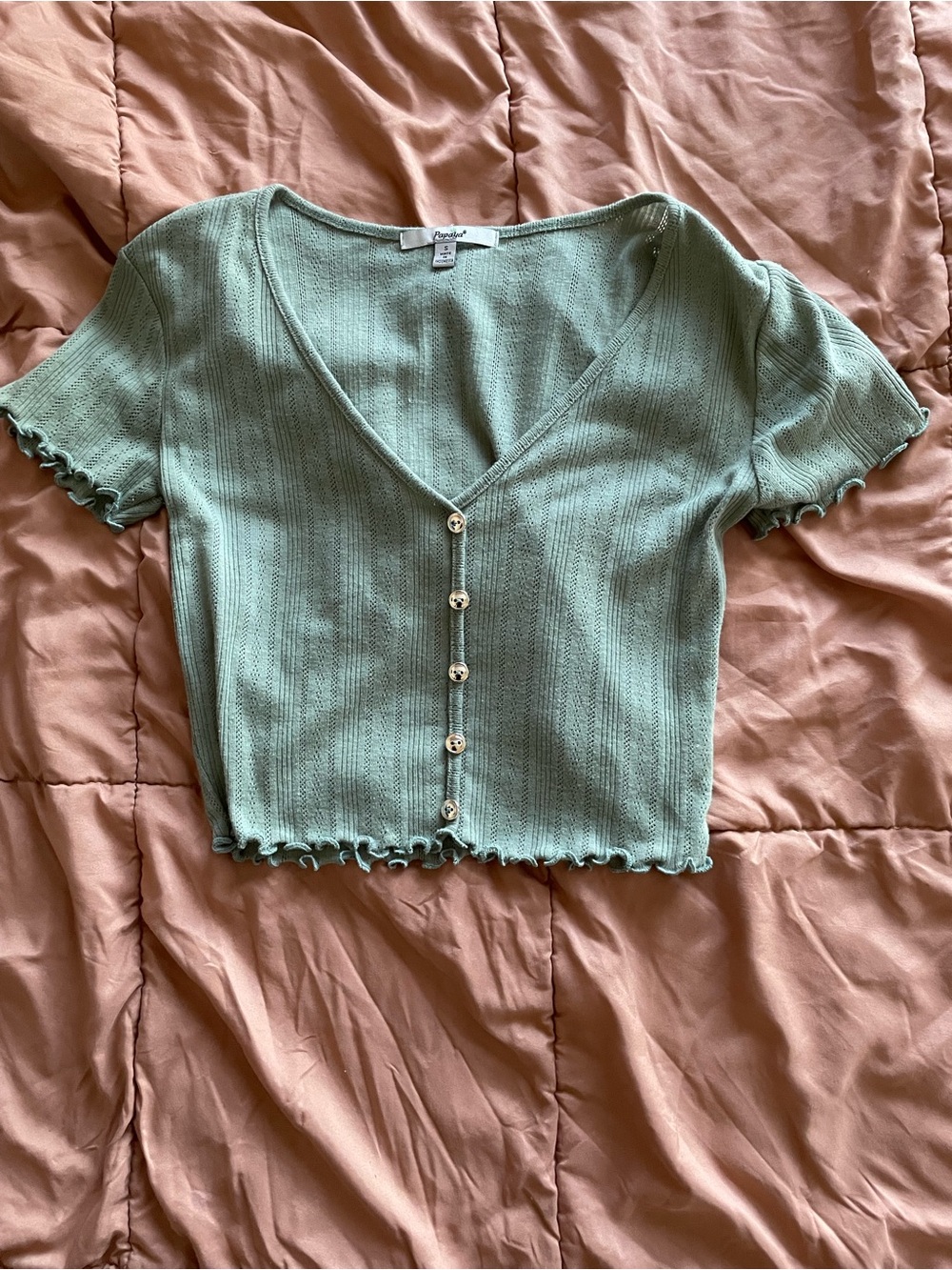 Papaya Sage Green Ribbed V-Neck Button Crop Top